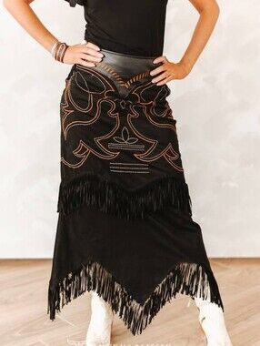 Black Boot Stitch Suede Fringe Skirt W Leather Upper Yoke
